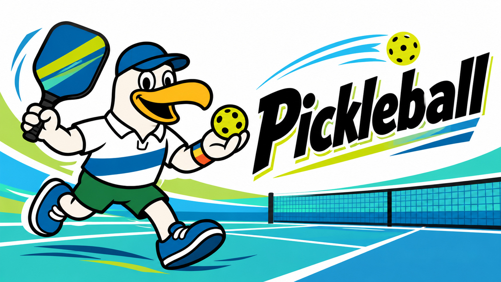 Gaviota de EF Gaviota con pala y pelota de Pickleball junto a una pista.