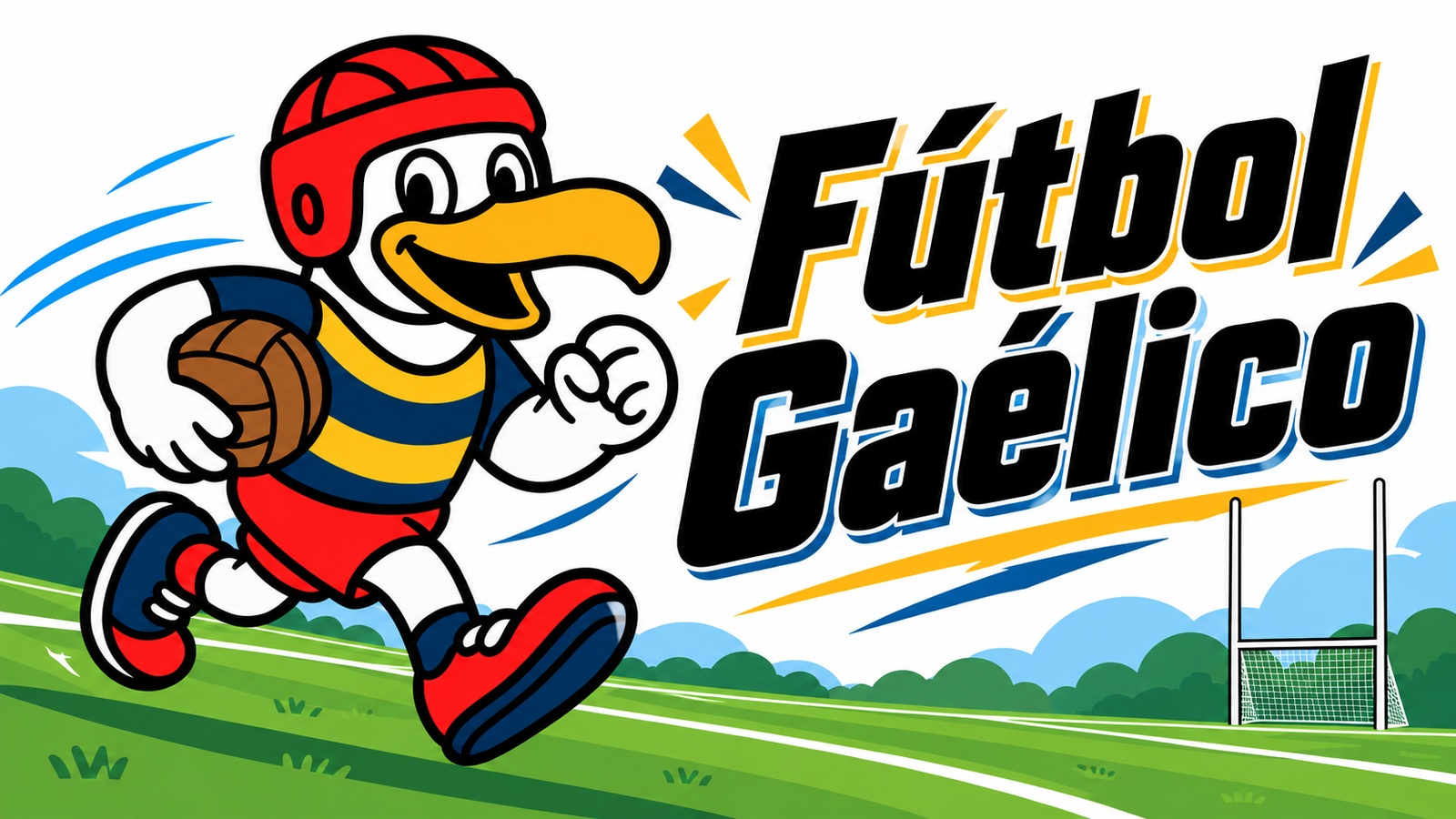 Gaviota de EF Gaviota con balón y una portería de fútbol gaélico con red bajo el larguero y postes altos.